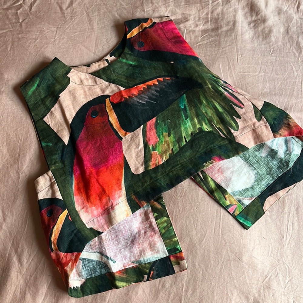 Farm Rio toucan 100% linen open back crop top